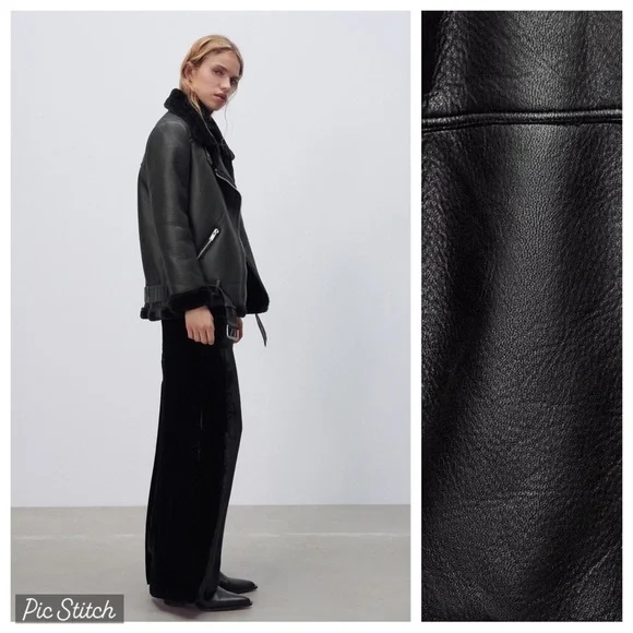 Zara Black Faux Leather Shearling Biker Jacket - Picture 4 of 16